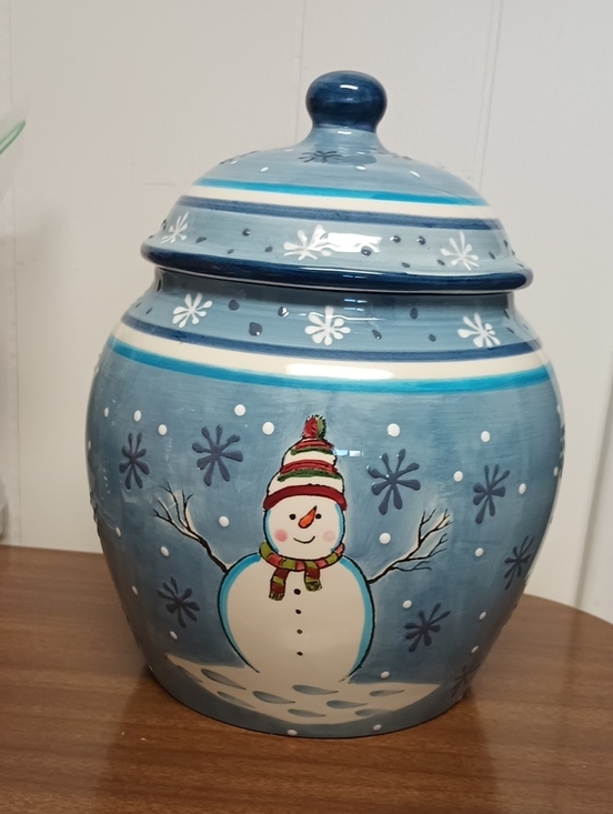 Pacific Rim Other - Pacific Rim Hand Painted Ceramic Blue Snowman Ceramic Cookie Jar